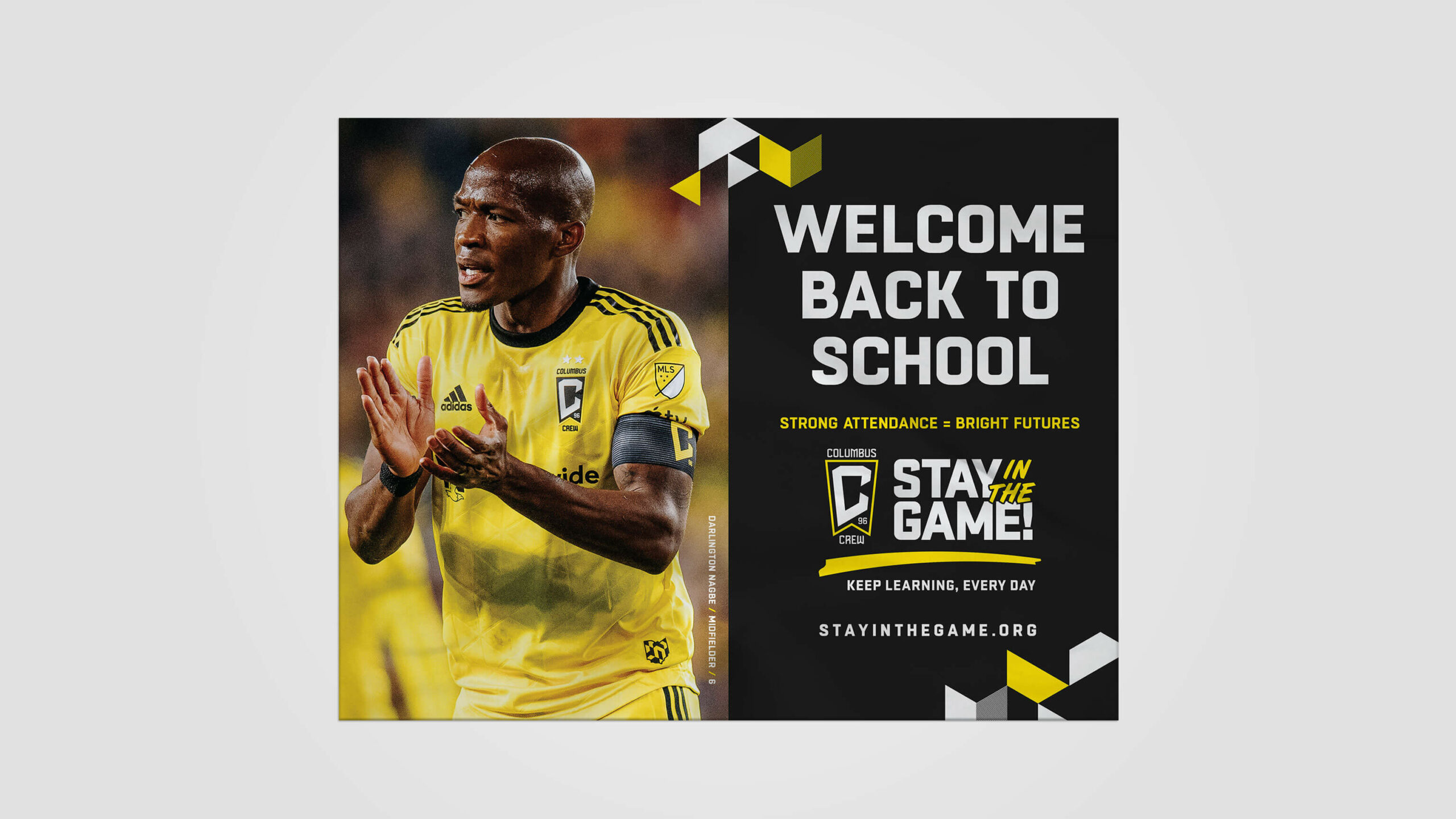 Columbus Crew player poster with Stay in the Game branding