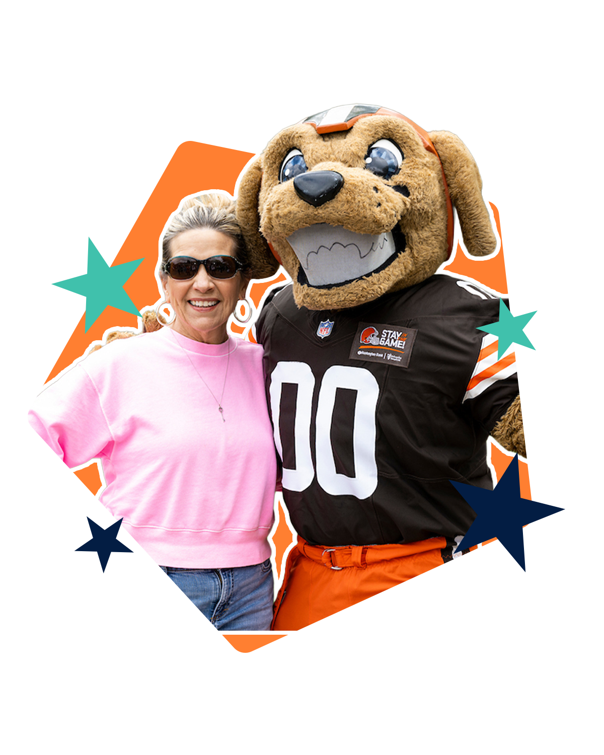 School educator hugging Cleveland Browns mascot  Chomps